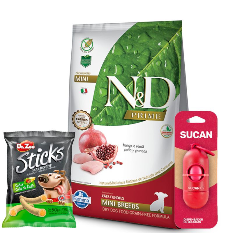 3N-D Prime Perro Cachorro Mini + Porta bolsitas + SNACK PERRO STICKS DR ZOO - 50  GR