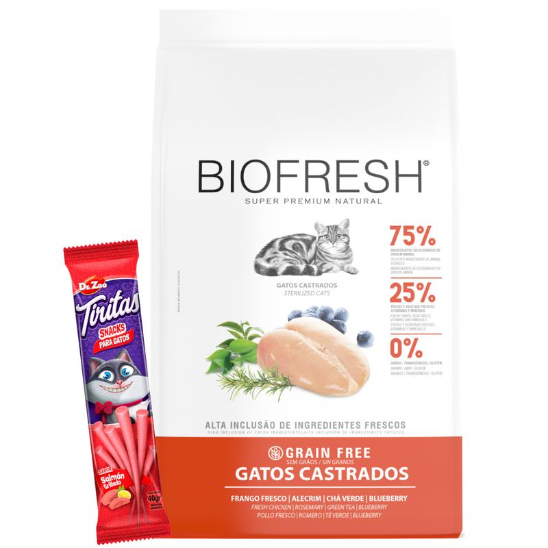 Biofresh Gatos castrados - pollo frente +  SNACK GATO TIRITAS DR ZOO - 40 GR