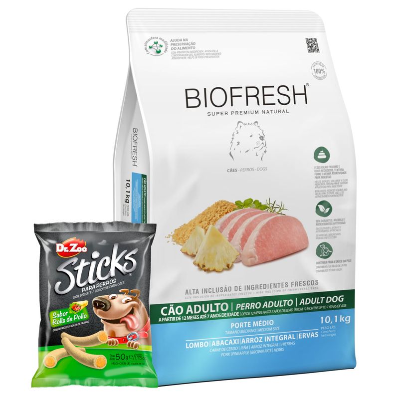 Adulto Raza Mediana Anana y Cerdo + SNACK PERRO STICKS DR ZOO - 50  GR